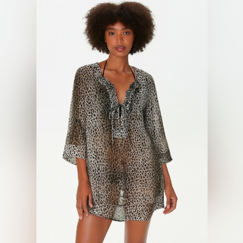 Tommy Bahama Leopard Cover Up Nehru Collar With Paillette Black Gray Large